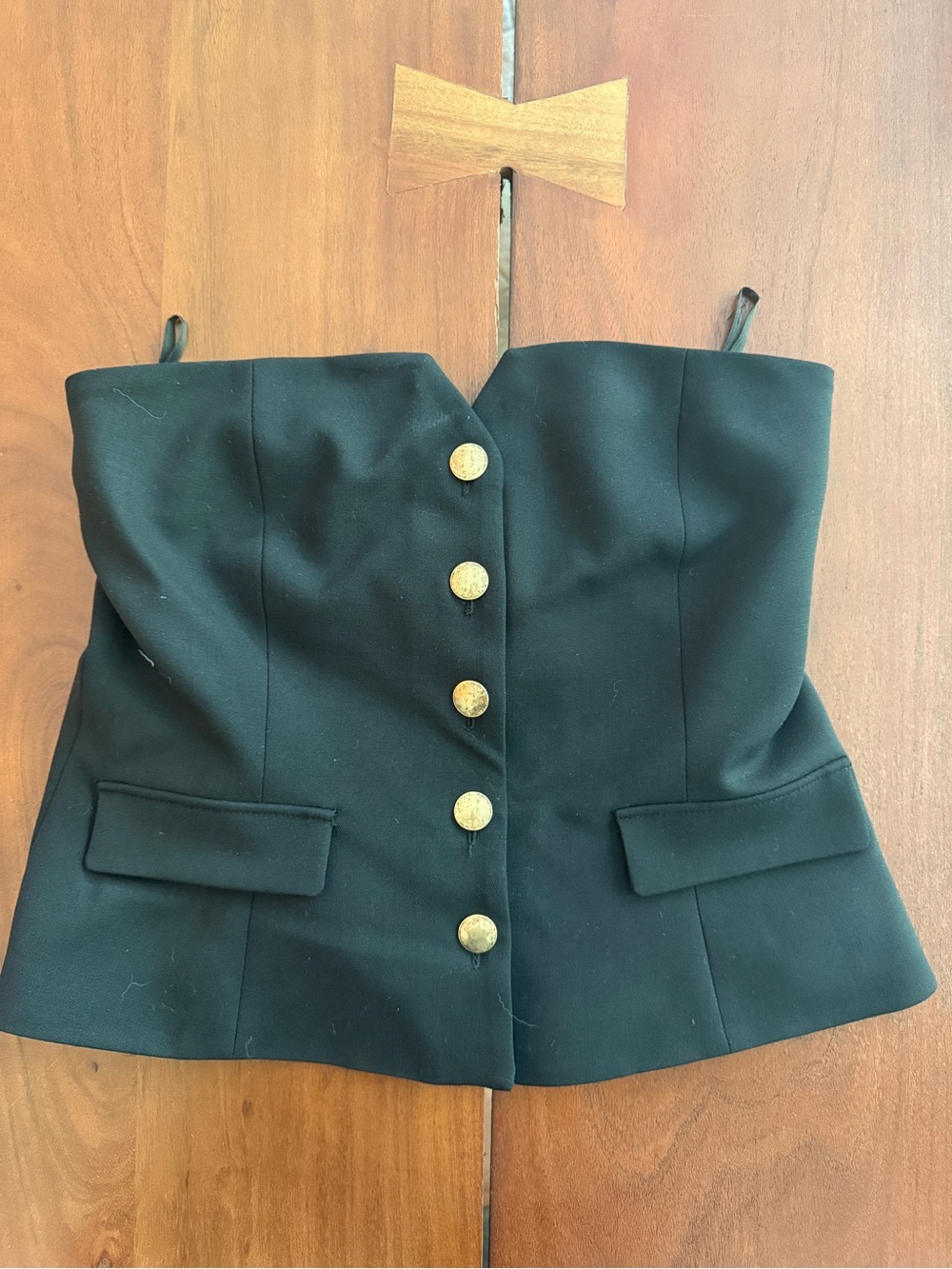 Sezane Black Strapless Corset Top with Gold Buttons